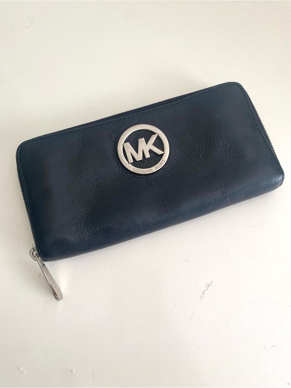 Michael Kors Black Leather Zip-Around Wallet with Silver MK Logo